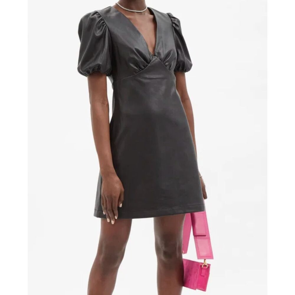 STAUD Milla Faux Leather Puff Sleeve Mini Dress Black Sz 0